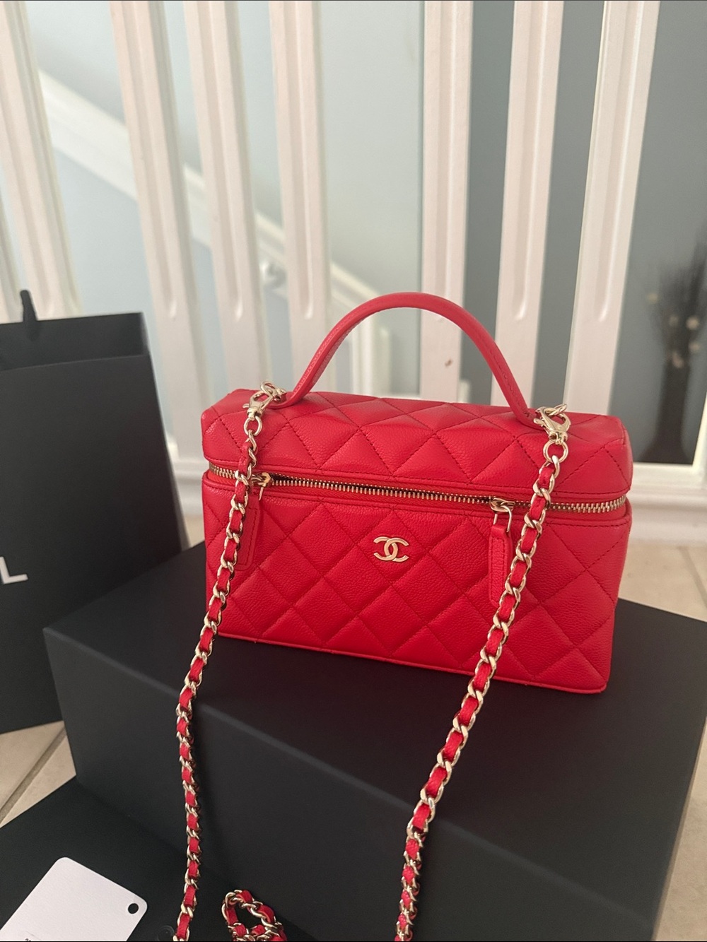 CHANEL Red Quilted slim Vanity-Style Shoulder Bag with detachable chain strap